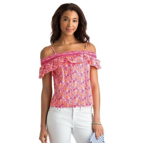 Vineyard Vines Shell Print Off-Shoulder Top – Large – Pink Orange Coastal Blouse - Picture 8 of 8